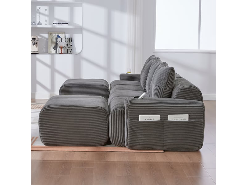  Canapé modulable 4 places 333x174x80 cm, configurable, porte-gobelet intégré, poche latérale, velours côtelé gris foncé  - Conforama E