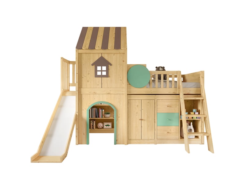 Lit mezzanine enfant 90x200 cm avec toboggan, lit cabane escalier de rangement, structure en pin et mdf, lit ludique gain de place, vert naturel OPULERANE TRADING LTD - Conforama A