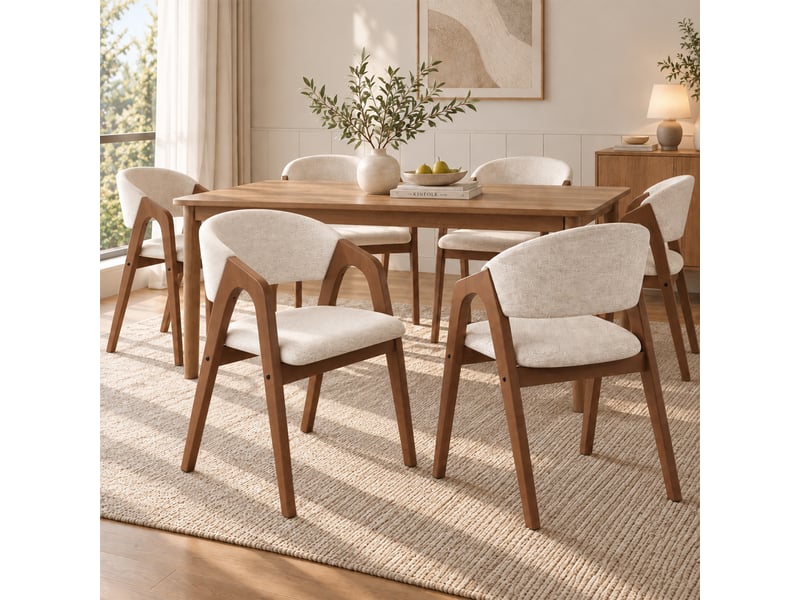  Lot de 6 chaises de salle à manger 55.5x60x83 cm structure en hévéa massif revêtement effet lin décor noyer et beige avoine OPULERANE TRADING LTD - Conforama B