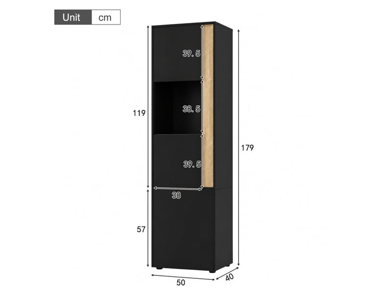  Vitrine haute 50x40x179 cm avec led réglable noir et bois naturel  - Conforama C
