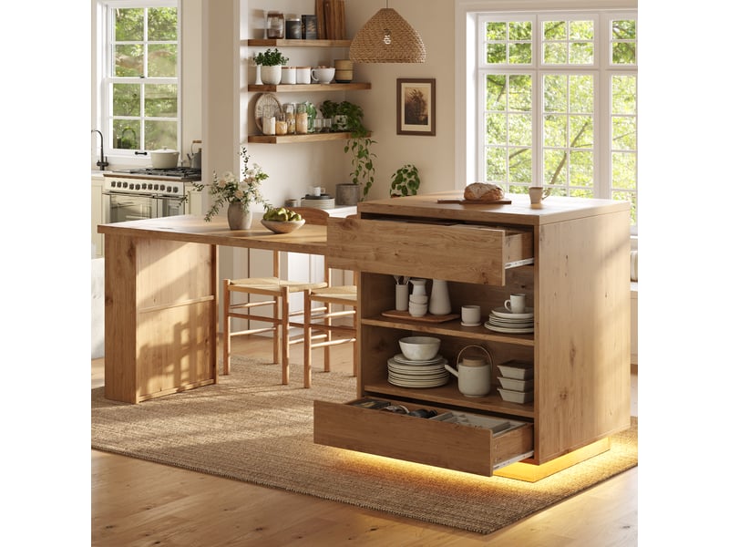  Îlot de cuisine extensible 122–194.5 cm table à manger 4 personnes avec led plan de travail 4 tiroirs rangements étagères, naturel  - Conforama D