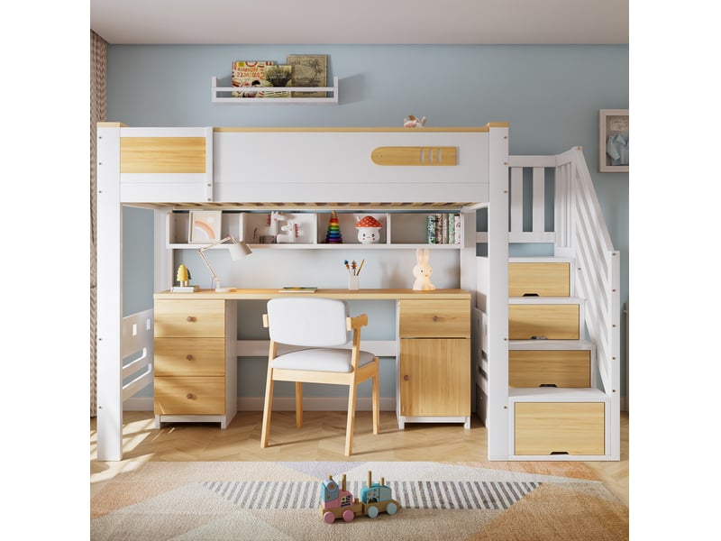 Lit mezzanine modenvie 90 x 200 cm blanc et bois naturel avec bureau, tiroirs, étagère suspendue et escalier de rangement  - Conforama E