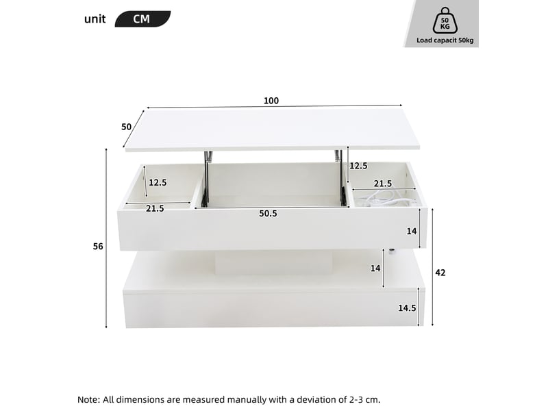  Table basse 100x50x42 cm plateau relevable led panneau de particules blanche  - Conforama C