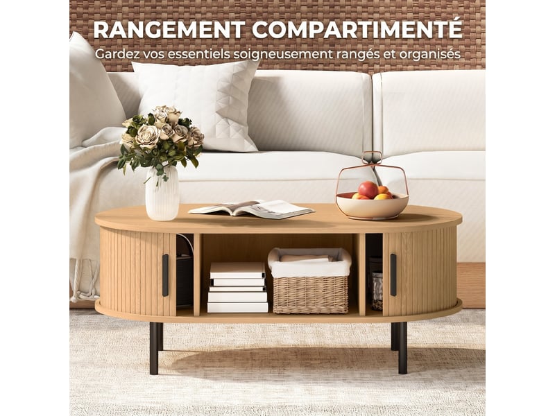  Table basse ovale en bois, table de salon moderne avec portes coulissantes et rangement caché, bois naturel, 100x55x40cm  - Conforama R