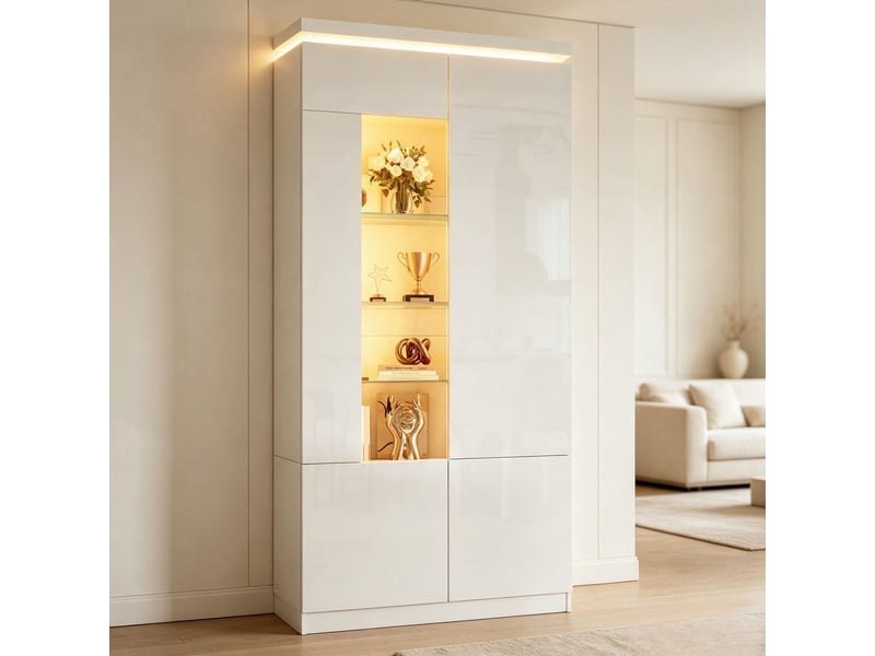  Vitrine haute 80x35x180 cm blanche avec porte acrylique, led bluetooth, 4 portes battantes, 6 étagères en verre réglables, meuble rangement salon  - Conforama B
