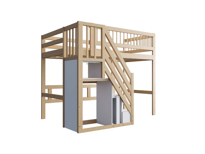  Lit mezzanine 90x200 cm en bois naturel, escalier avec rangement et barrières hautes  - Conforama D