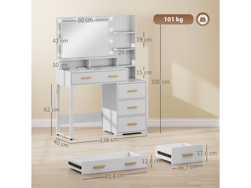  Coiffeuse avec miroir et 9 led 4 tiroirs et 6 niches blanc 100 x 40 x 138 cm  - Conforama C