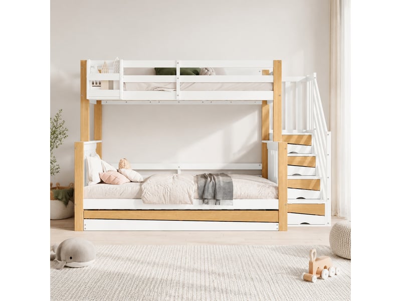  Lit superposé enfant 90x200 et 120x200 cm avec lit gigogne, blanc et naturel  - Conforama C