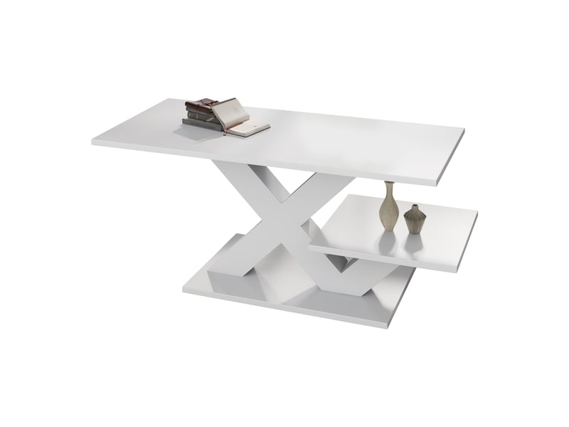  Table basse blanche rectangulaire à deux plateaux avec pieds en x, effet brillant, 100 x 48 x 45 cm  - Conforama A