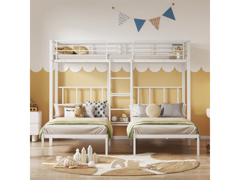  Lit superposé triple 90x200 cm, lit trio enfant et ado gain de place avec échelle et bureau, métal 3 couchages, blanc  - Conforama C