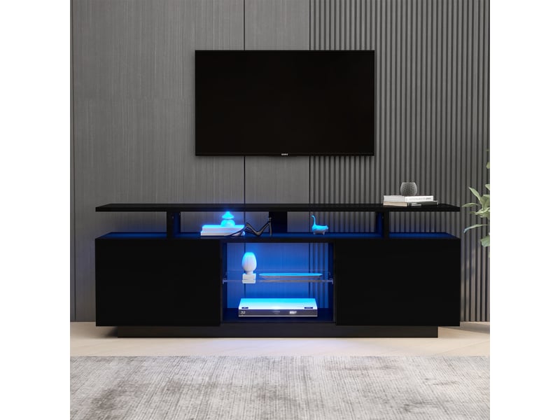  Meuble tv noir brillant 140 cm avec led 16 couleurs - 2 portes 5 compartiments pour téléviseur 60 pouces  - Conforama W