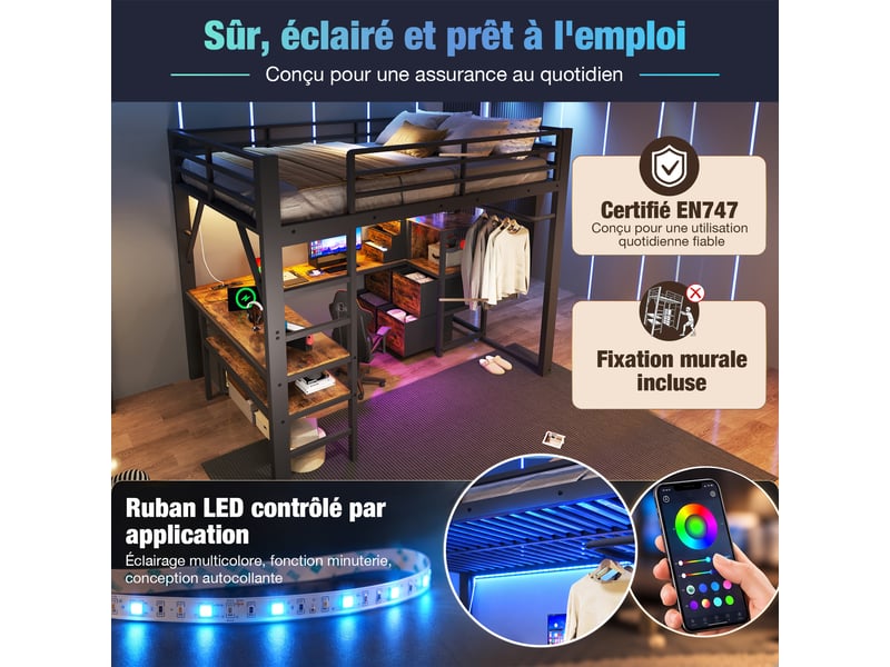  Lit mezzanine gaming 140x200cm avec bureau d'angle, 7 tiroirs tissu, led, prises eu et penderie, norme en 747, métal, noir et marron vintage evarich - Conforama D