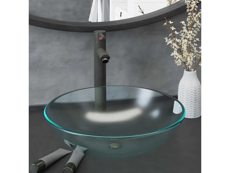  Lavabo de bain, vasque à poser avec robinet et drain à poussoir verre trempé cf65647  - Conforama B