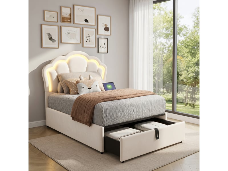  Lit d'enfant 90 × 200 cm, avec éclairage led, rangements intégrés, prises électriques intégrées, revêtement en velours,beige  - Conforama D