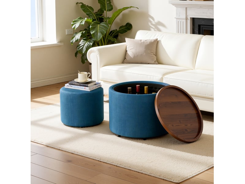  Pouf rond 2 places avec rangement, plateau amovible et assise rembourrée, empilable, en tissu bleu  - Conforama D