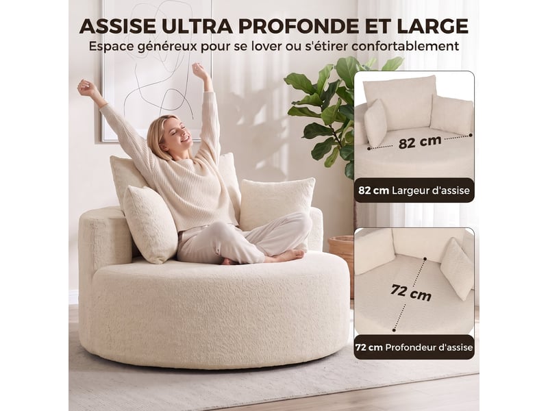  Pouf canapé rond en chenille, grande assise, 2 coussins, 1 dossier, 1 traversin, 130x130x82cm, charge 250kg, crème  - Conforama D