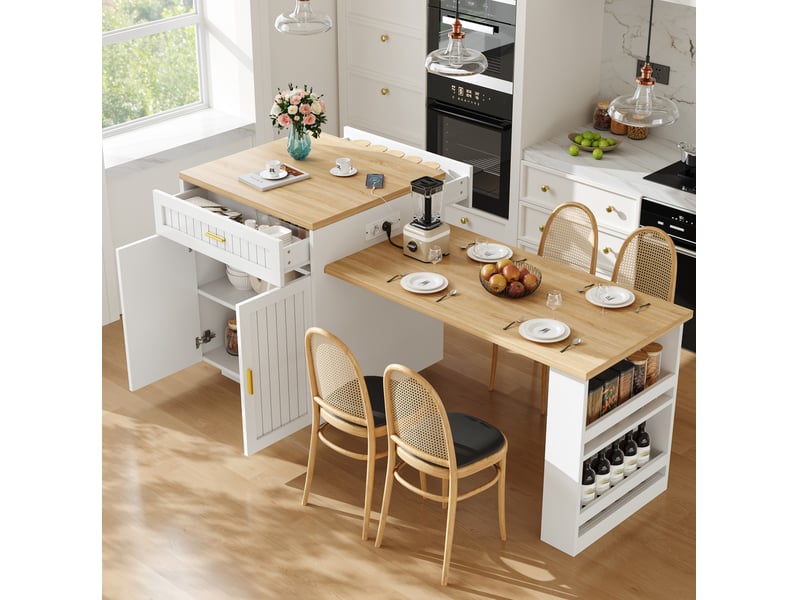  Desserte de cuisine extensible avec 1 tiroir, portes et étagères réglables, prise intégrée pour cuisine 121,5 × 70 × 92 cm  - Conforama C