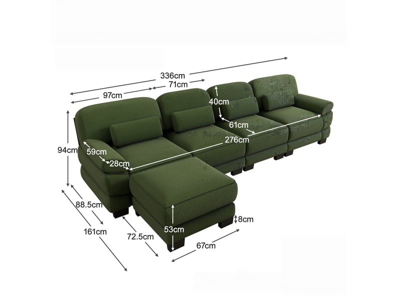  Canapé d’angle 4 places en l, structure renforcée, avec 1 pouf, assise confortable et profonde, combinaison modulaire libre, 336 × 161 × 94 cm, vert  - Conforama C