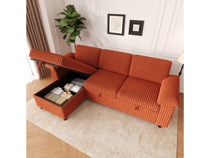  Canapé d'angle convertible 5 places en l avec coffre de rangement, méridienne réversible, ports usb et type-c, dossier réglable, tissu velours côtelé - orange  - Conforama E