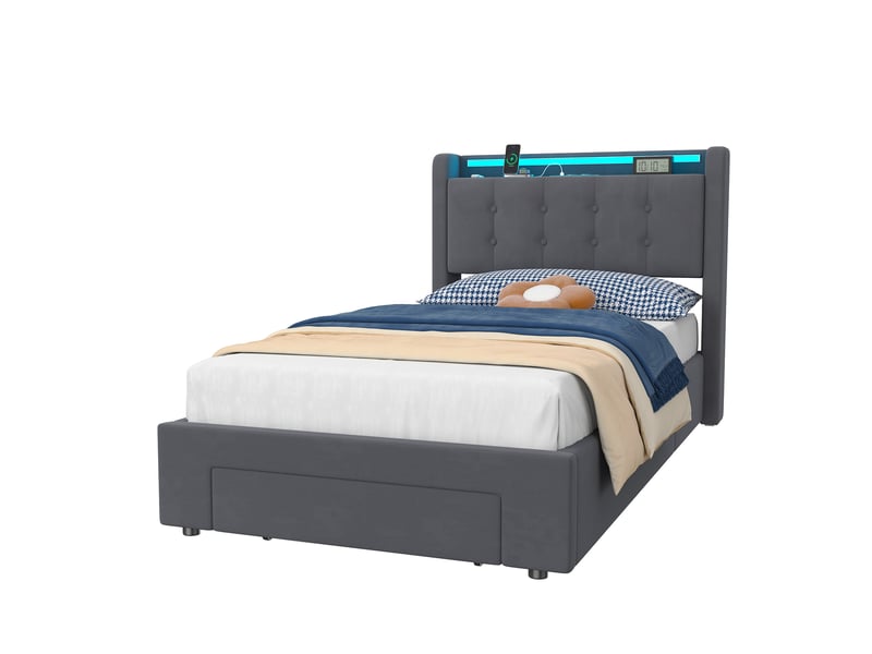  Lit enfant 90x200 cm en velours, lit simple en mdf et métal avec coffre, tiroirs, led et usb, sans matelas  - Conforama A