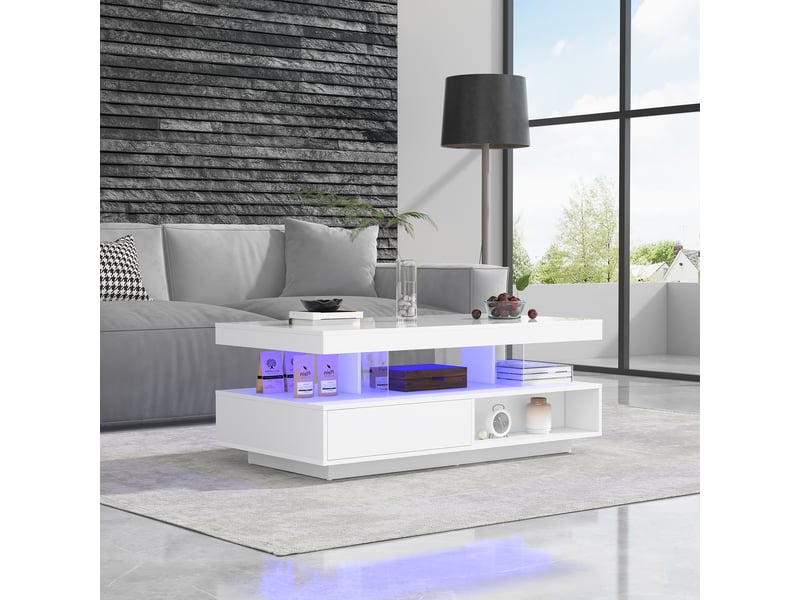  Table basse blanche brillante 95x50 cm avec led intelligente, table de salon avec 2 tiroirs et 4 inserts en verre  - Conforama E