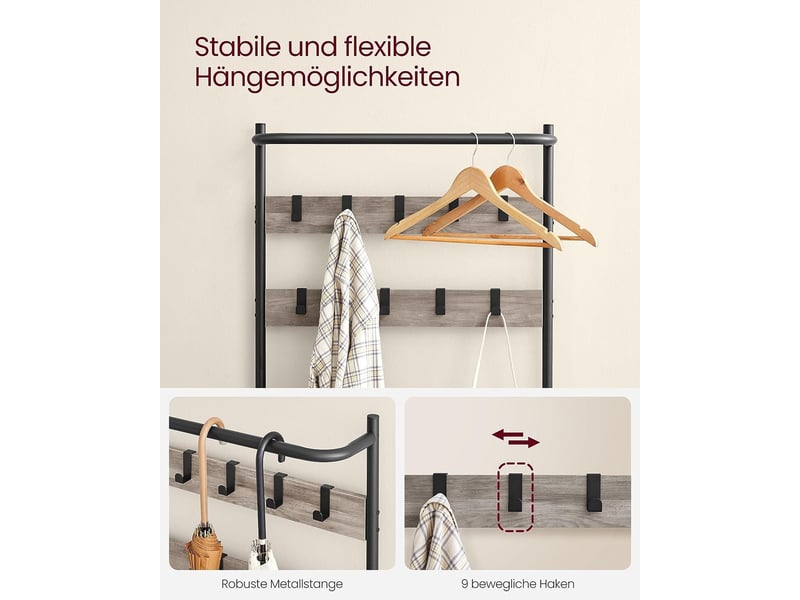Meuble d’entrée 32,2 x 64 x 180 cm porte-manteaux avec banc et étagère à chaussures 9 crochets amovibles tringle pour entrée chambre style industriel gris 12_0006392  - Conforama C