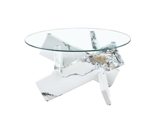 Table basse ronde avec piètement croisé, plateau en verre trempé, pour salon, en mdf et verre, transparent et blanc - uvrion