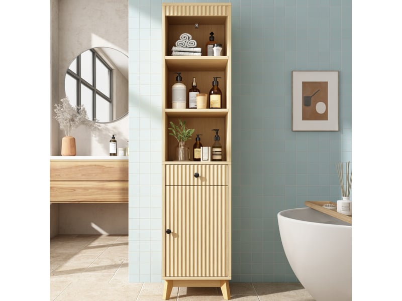 Armoire de salle de bain avec 1 porte réversible, tiroir et niches, fermeture douce en mdf naturel, 40 × 36 × 172 cm - Conforama D
