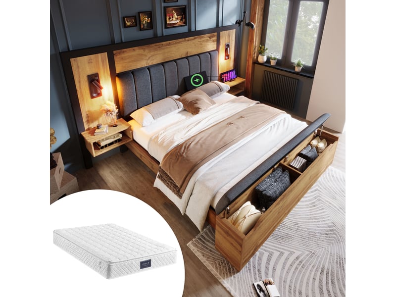 Lit adulte 160x200 rangement avec chevets et banc coffre bois metal chene matelas homvra - Conforama B