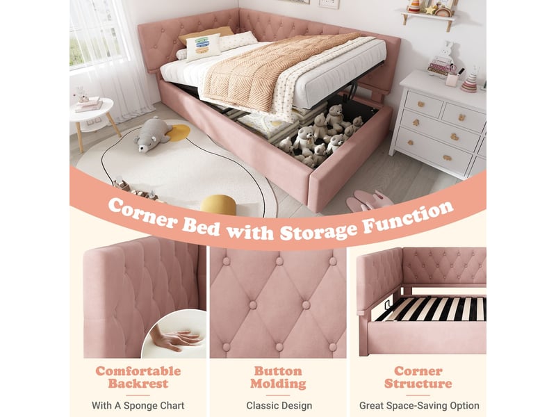  Lit coffre 90x190, coffre xl lit une personne, revêtement velours rose, sommier inclus, structure métal robuste  - Conforama E