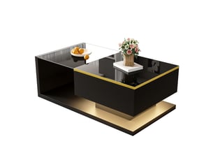 Table basse 90x50x32,5 cm avec led et plateau en verre trempé, rangement fermé et niche, panneaux de particules, noir