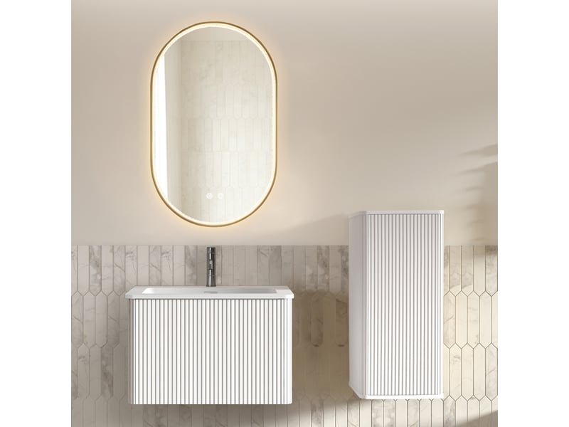  Meuble sous vasque avec miroir led et meuble latéral, lavabo, rangement suspendu pour salle de bain, blanc  - Conforama C