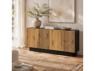 Buffet bas 160 x 72 x 40 cm noir et bois – rangement modulable – design géométrique avec étagère réglable