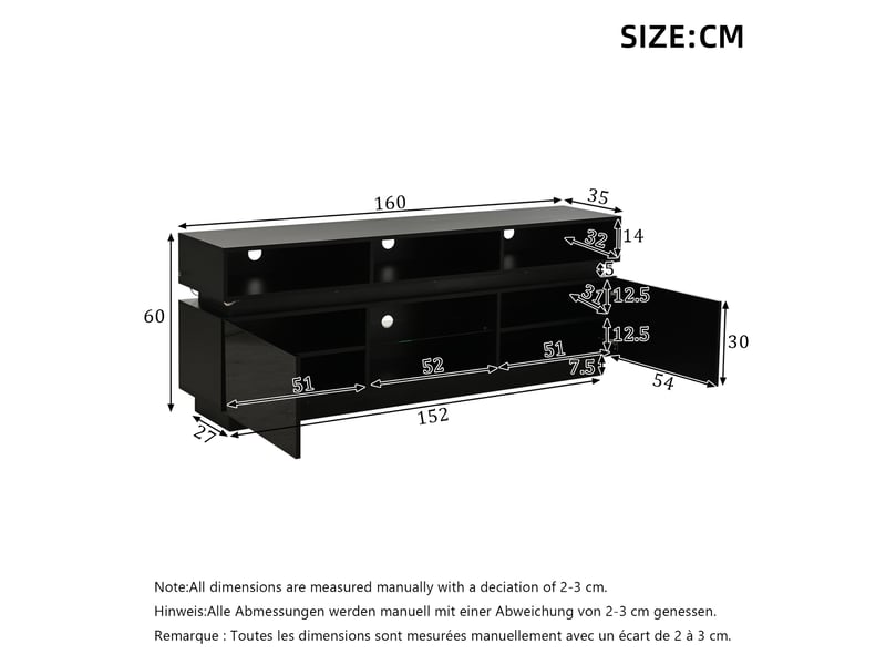 Meuble tv led 160x35x60 cm noir brillant plateau en verre trempé 10 rangements mdf pour tv 60 pouces salon moderne compact chic  - Conforama E