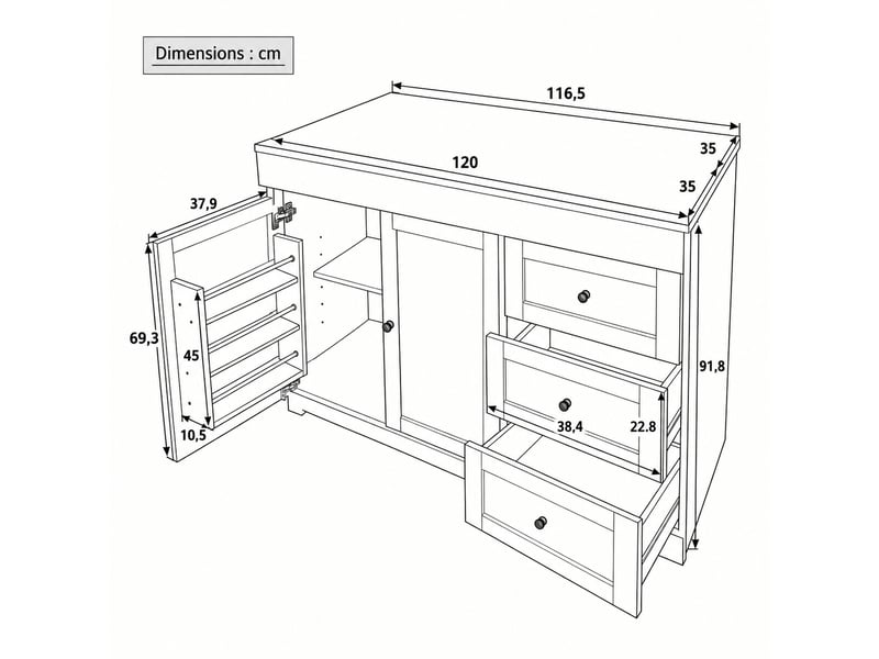 Îlot de cuisine blanc sur roulettes muvano avec plan de travail effet bois, 3 tiroirs et 2 portes - Conforama W