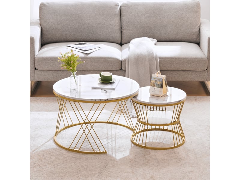  Table basse gigogne effet marbre blanc lot de 2 tables rondes 70 cm  - Conforama C