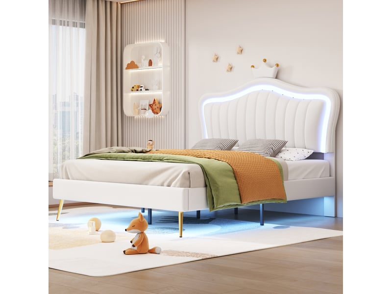 Lit enfant 140x200 cm avec tête de lit coquillage, led et sommier à lattes, blanc - Conforama D