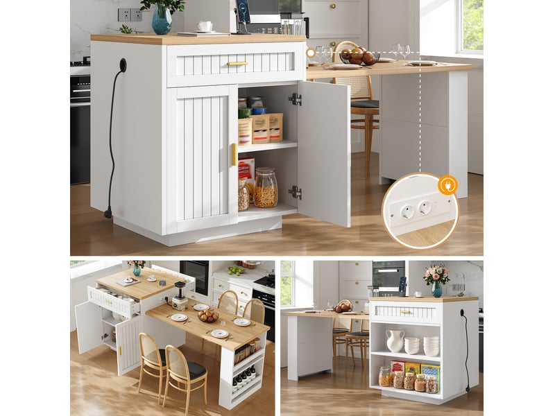  Îlot de cuisine extensible 121,5x70x92 cm avec prise intégrée mdf métal blanc  - Conforama E