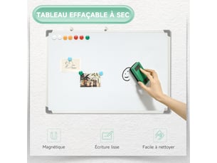 Tableau blanc magnétique cadre aluminium 90 x 60 cm avec feutres, aimants et effaceur