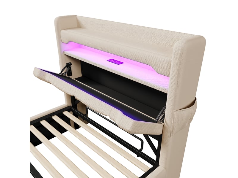 Lit coffre rembourré led 360° avec rangement et usb-c, beige, 90x200 cm Fay Lum - Conforama E