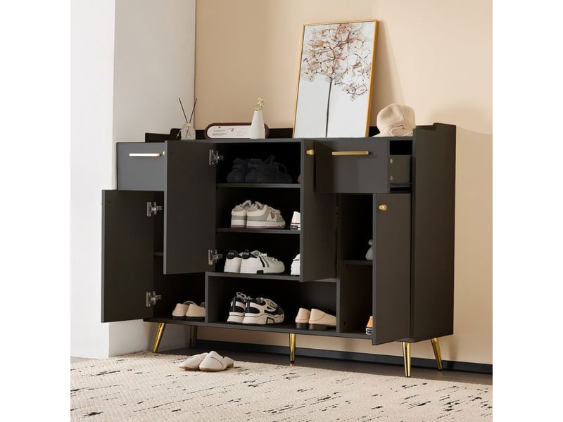  Armoire à chaussures - truxen8 - 2 tiroirs, 4 portes - pieds en métal - noir - l130l37h100 130x37x100cm - Conforama C