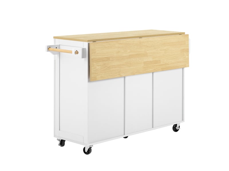  Îlot de cuisine mobile 140 cm avec plateau extensible, 2 tiroirs et étagères réglables, blanc et naturel Jamama eleni - Conforama R