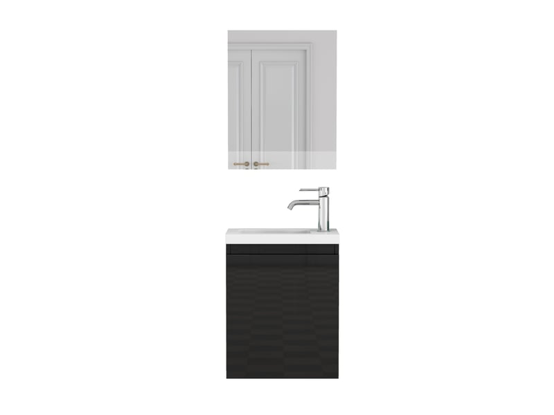  Meuble sous vasque mural avec lavabo, miroir, porte à charnières amorties et façade sans poignée noir brillant  - Conforama A