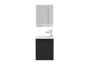Meuble sous vasque mural avec lavabo, miroir, porte à charnières amorties et façade sans poignée noir brillant