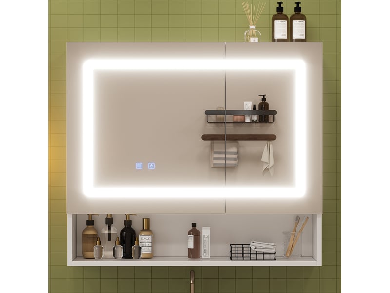 Armoire de salle de bain à miroir led avec 2 portes, 3 espaces de rangement et anti-buée, blanc, 80 × 17 × 70 cm - Conforama C