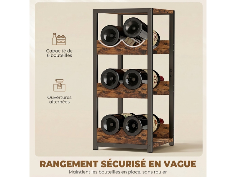  Casier à bouteilles pour 6 bouteilles, casier à vin avec étagères ondulées, brun rustique, 22 x 24 x 49,2 cm  - Conforama E