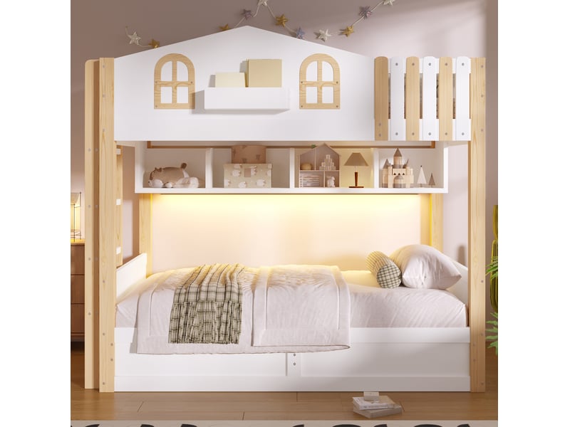  Lit superposé maison 90x200 cm équipé de led, de bois blanc et naturel et de rangement hydraulique, sans matelas  - Conforama E