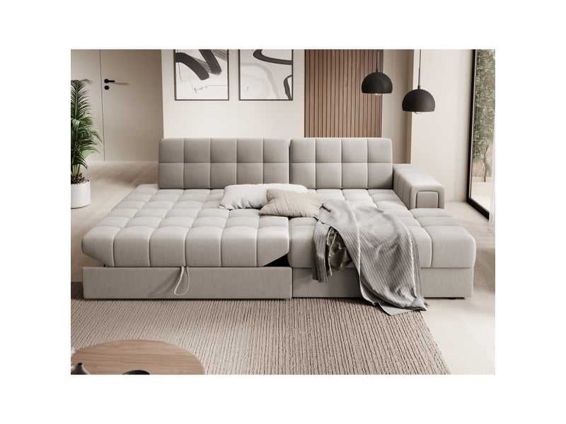  Canapé d'angle convertible cubito beige 240 cm avec coffre et couchage  - Conforama D