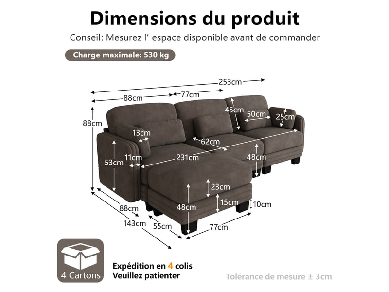  Canapé d'angle modulable 3 places en chenille marron 253x143x88 cm  - Conforama C