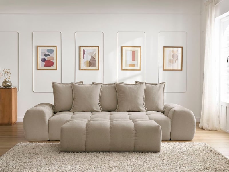 Bobochic canapé droit convertible coffre everest tissu texturé avec pouf taupe EVEREST - Conforama D